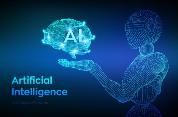 AI. Artificial intelligence. AI in the form of cyborg or bot. Wireframe robot. Digital brain. Brain in robotic hand. Machine learning. Graphic design concept of future. Vector illustration